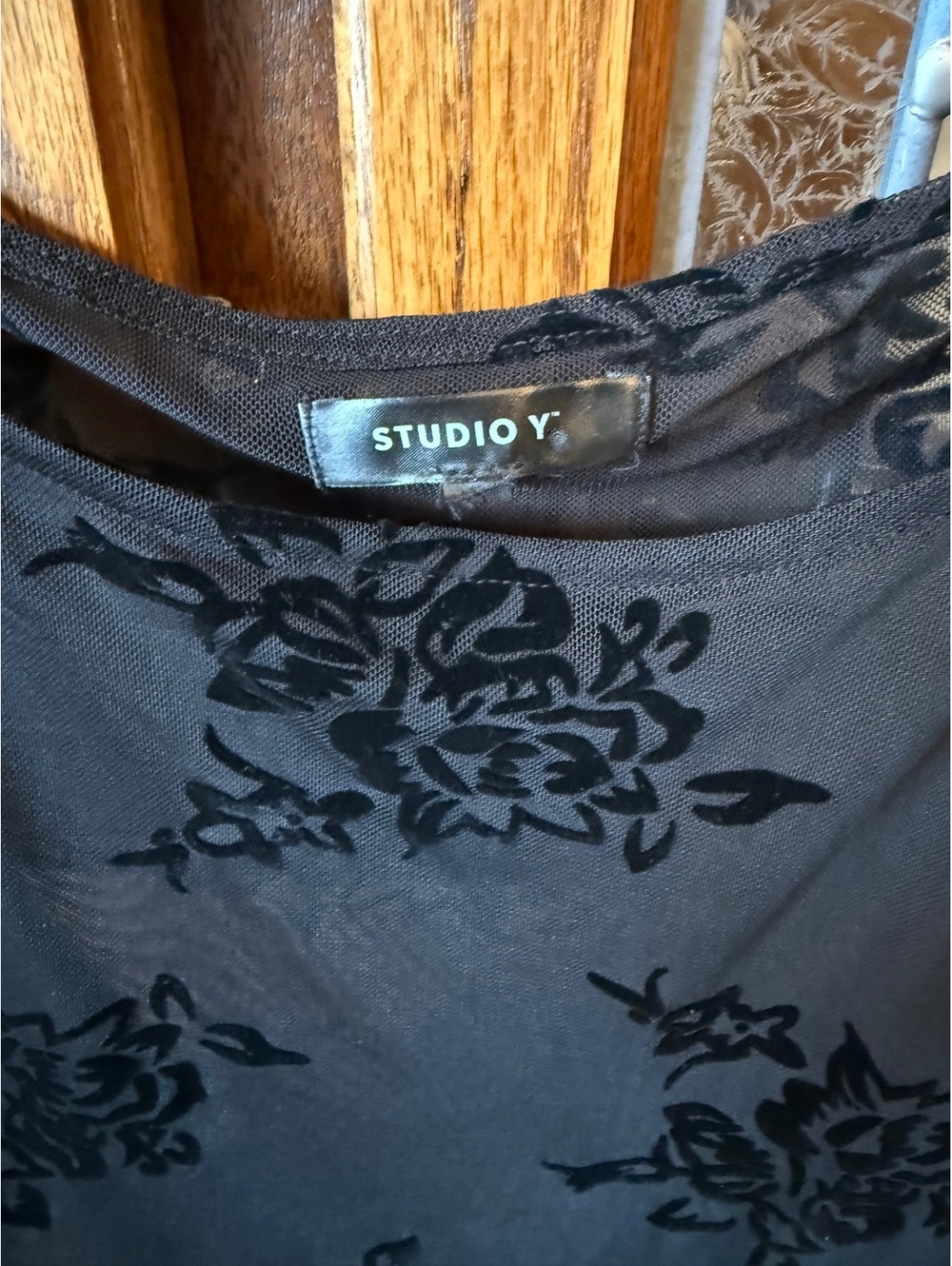 Studio Y Black Flocked Velvet Rose Sheer Mesh Top Whimsigoth Fairy Grunge M - Picture 2 of 4